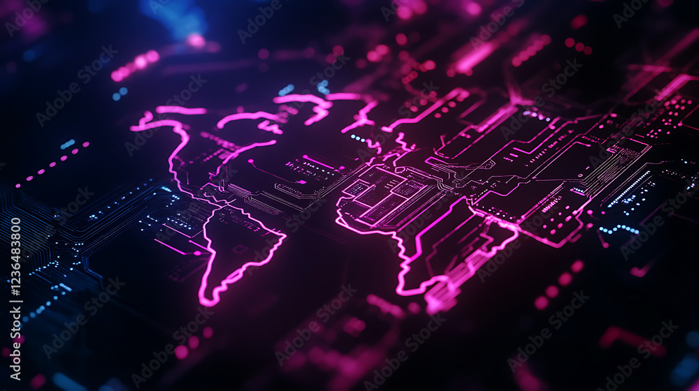 Poster a vibrant digital world map illuminated with pink and blue lights, showcasing a futuristic design an