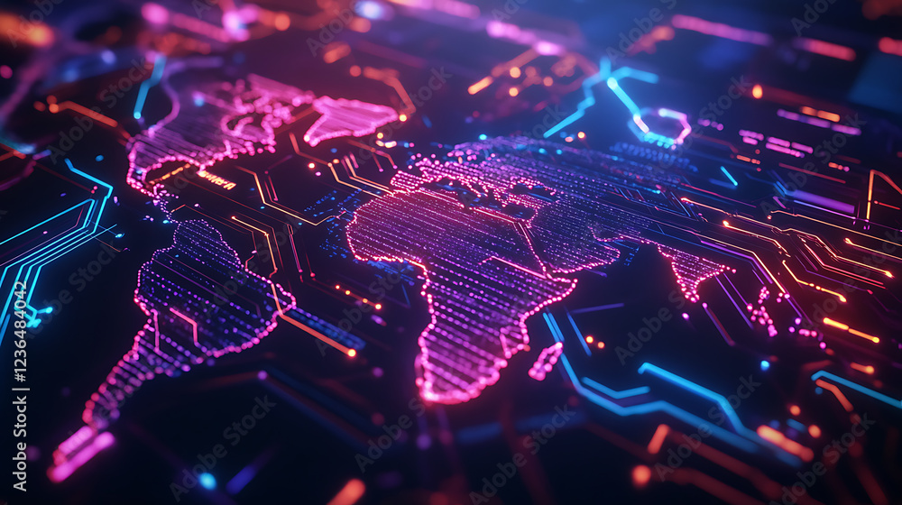 Poster a vibrant, digital map of the world illuminated with neon colors, showcasing a futuristic design and