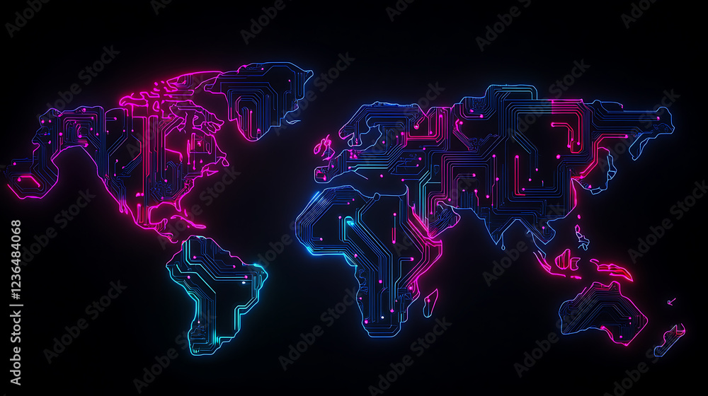 Poster a neon-colored digital map of the world, showcasing intricate circuit-like patterns against a dark b