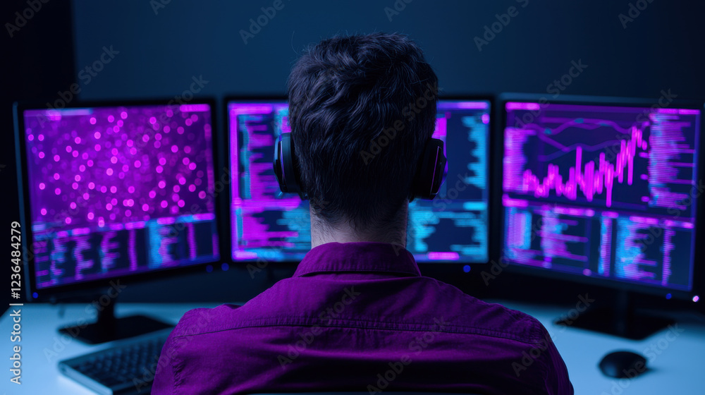 Aufkleber cybersecurity expert analyzing data on multiple screens in dark room