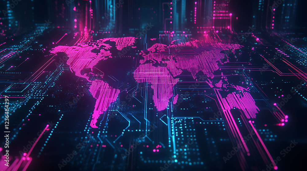 Poster a vibrant digital world map illuminated in pink and blue, showcasing a futuristic, tech-inspired des