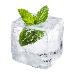 transparent background, PNG, A single cube of ice with a delicate mint leaf frozen inside it, giving a refreshing and natural look