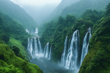 Fototapeta premium Majestic waterfalls cascade through lush green valleys amidst morning mist in a serene landscape
