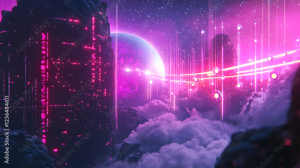 Poster a vibrant, futuristic landscape features towering structures, glowing lines, and a cosmic backdrop w