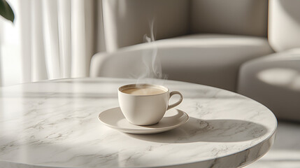 Fototapeta premium A steaming cup of coffee sits on a marble table, bathed in sunlight. Relaxing morning vibes.
