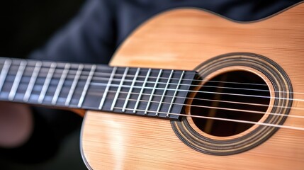 Fototapeta premium Close-up acoustic guitar, musician's hands, dark background, music practice