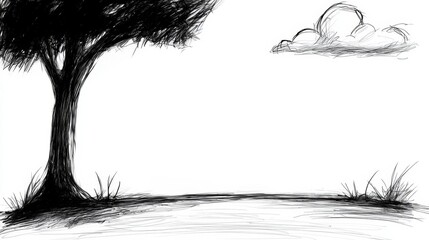Obraz premium a black and white drawing of a tree in the middle of a field, surrounded by grass and a cloudy sky