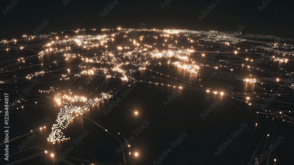 Poster abstract network of glowing connections on a dark background forming a world map