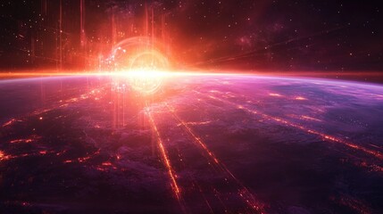 Fiery sunrise over Earth, digital data streams, space background; ideal for tech, science fiction
