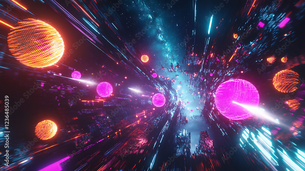 Poster a vibrant cosmic scene depicting glowing spheres and light trails, creating a sense of speed and dep