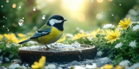Bird perches on birdbath with flowers, water drops in background, for nature.