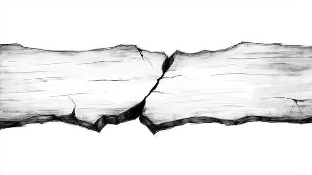  a black and white drawing of a crack in a piece of wood, with a white background The crack is clearly visible, with jagged edges and a jagged center The wood appe