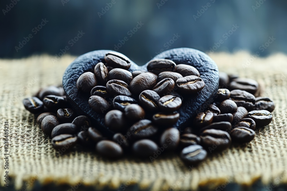 Poster coffee beans create a heart shape on burlap for a warm and inviting setting