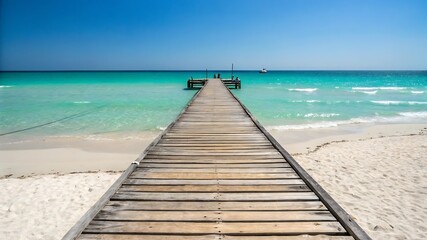 Wooden Pier Extending into Turquoise Ocean – Peaceful Beach Scene with Clear Waters