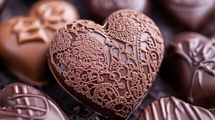 Elegant Chocolate Hearts with Intricate Lace Design on Dark Surface