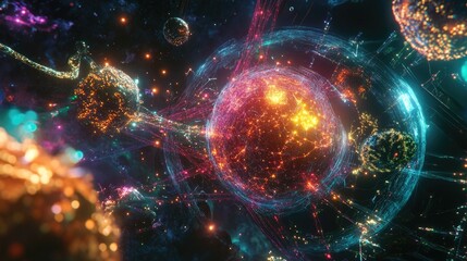 Cosmic energy sphere, nebula background, vibrant colors, digital art, science fiction illustration