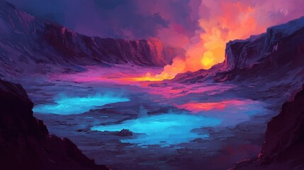 Fototapeta premium Vibrant Fantasy Landscape with Erupting Volcano and Colorful Sky