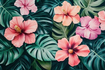 Vibrant Tropical Flowers and Lush Green Leaves in a Colorful Botanical Composition
