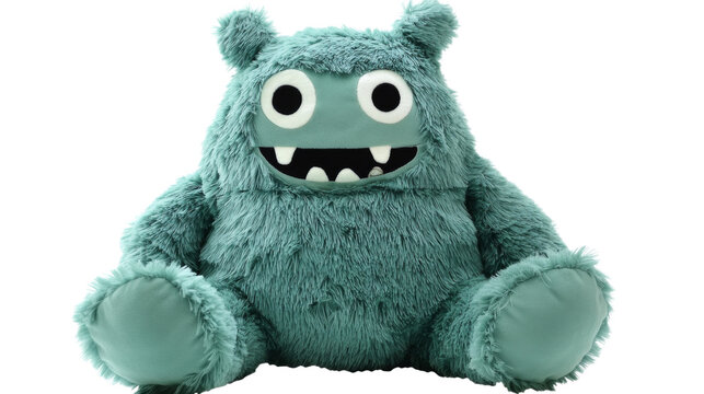 Ugly cute monster plush toy sitting on transparent background