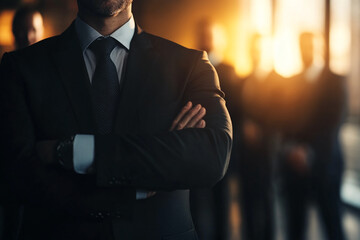 A businessman in a suit with arms crossed, standing in front of blurred colleagues. The image conveys professionalism, confidence, and a successful business environment.