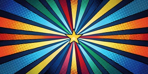 Fototapeta premium Colorful comic book style artwork with bold radial stripes on a dark blue background, color scheme, comic book aesthetics