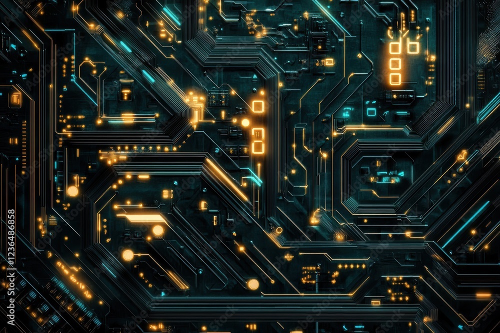 Aufkleber futuristic cyberpunk pattern with intricate electronic circuitry and glowing elements