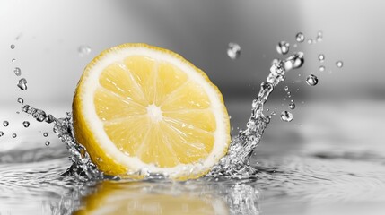  a slice of lemon falling into the water with water droplets, creating a splash effect The lemon is in sharp focus, while the background is blurred, giving the imag
