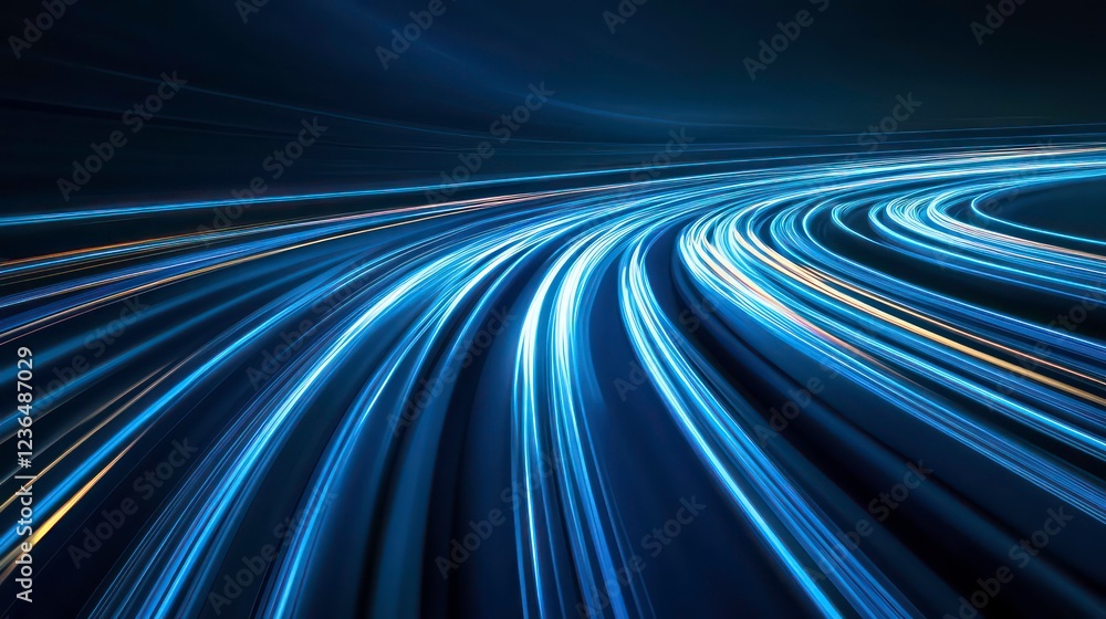 Poster abstract light trails curve on dark background, showing speed and motion.