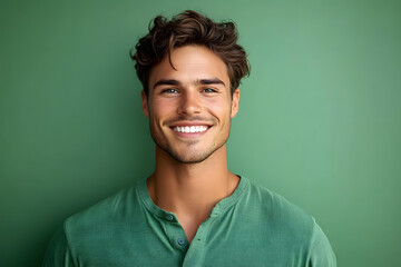 Fototapeta premium Studio portrait of a cheerful young man wearing a green shirt, smiling against a green background