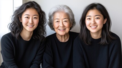 A grandmother with her two granddaughters, all wearing black sweaters and smiling warmly.