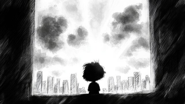 a person standing in front of a window, looking out at a cityscape of buildings and clouds in the sky The image is in black and white, giving it a timeless and cla