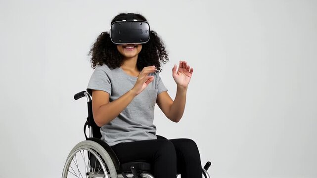 Young Afro-American girl sitting in a wheelchair wearing virtual reality goggles enjoying an immersive game