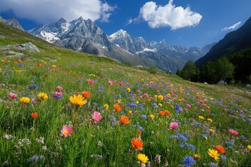 Fototapeta premium Colorful wildflower meadow under bright blue sky with mountains in the background during a sunny day