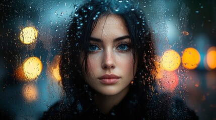Rainy night, woman gazing, city lights, pensive mood, stock photo