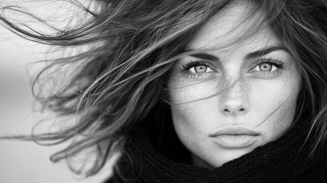  a woman with long hair and freckles wearing a scarf, set against a blurred background The image is in black and white, giving it a timeless and classic feel