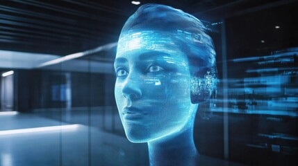 AI Woman Head, Office Corridor, Digital Data, Futuristic Technology, Stock Photo