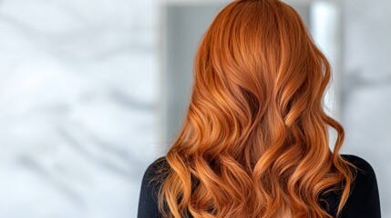 Fototapeta premium a woman with long, wavy red hair wearing a black dress, standing in front of a blurred background