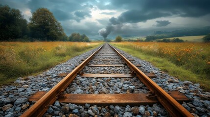 Obraz premium A train track with a train in the distance