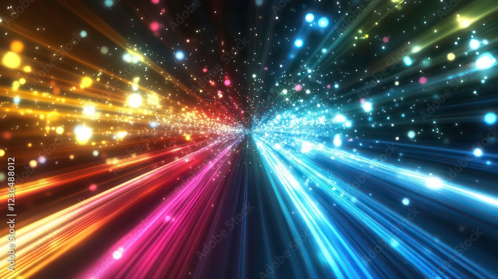 Poster Abstract colorful light streaks and particles converge in a tunnel-like formation, creating a dynamic and energetic visual.