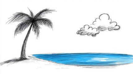  a drawing of a palm tree on a beach, with the water lapping against the shore and the sky filled with fluffy white clouds
