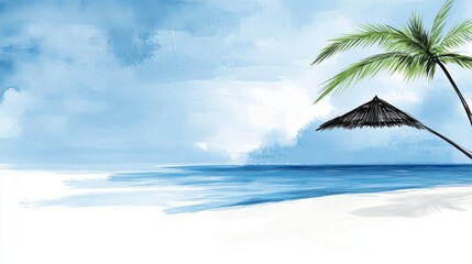 Fototapeta premium a painting of a tropical beach with two palm trees on the shore, a thatched hut in the background, and a bright blue sky with white fluffy clouds The water is a de