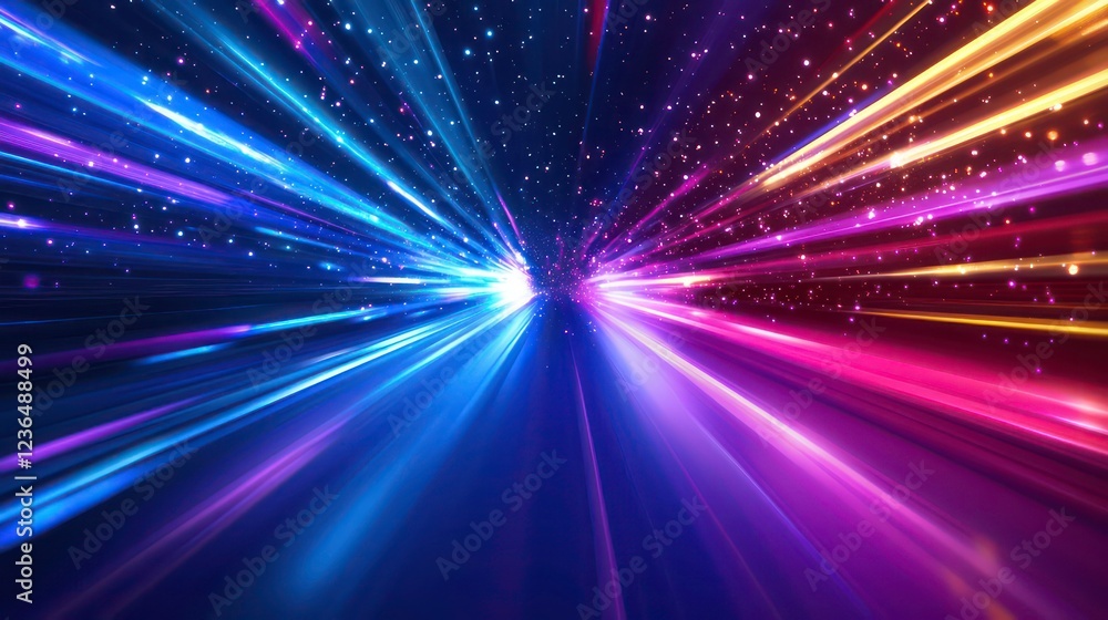 Poster abstract light streaks converging at vanishing point, vibrant colors, dynamic movement, futuristic c