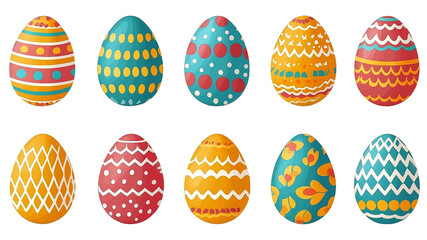 Colorful Easter eggs with different patterns isolated on transparent background or white background. Cutout. Flat design, clip art, decoration and marketing.