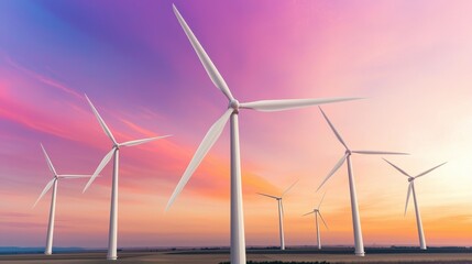 Wind Turbines Generating Renewable Energy Against Scenic Sunset Sky