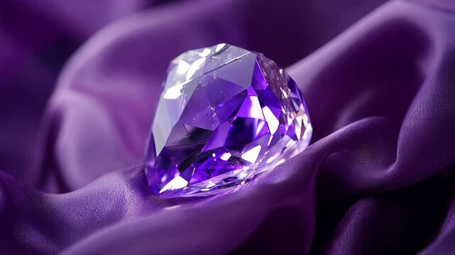 Close-up view of a large, faceted purple amethyst gemstone resting on luxurious deep purple satin fabric.  The gem displays brilliance and rich color