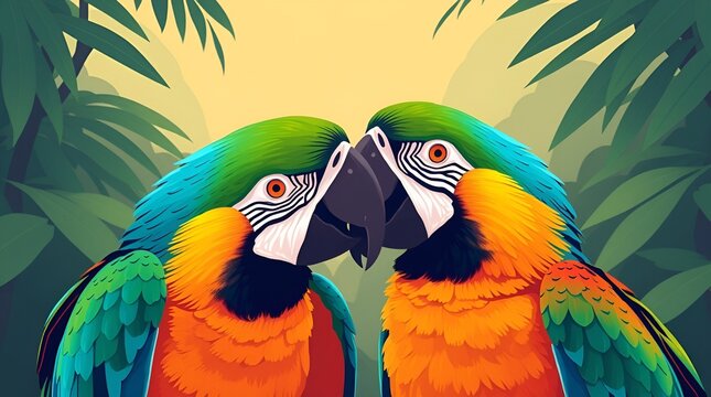 Colorful macaw parrots in love in tropical jungle. Loyalty, affection, Partnerships, Long-term relationships, Caring for a partner, Ornithology, zoo, wildlife, Biology, Nature conservation, Infographi