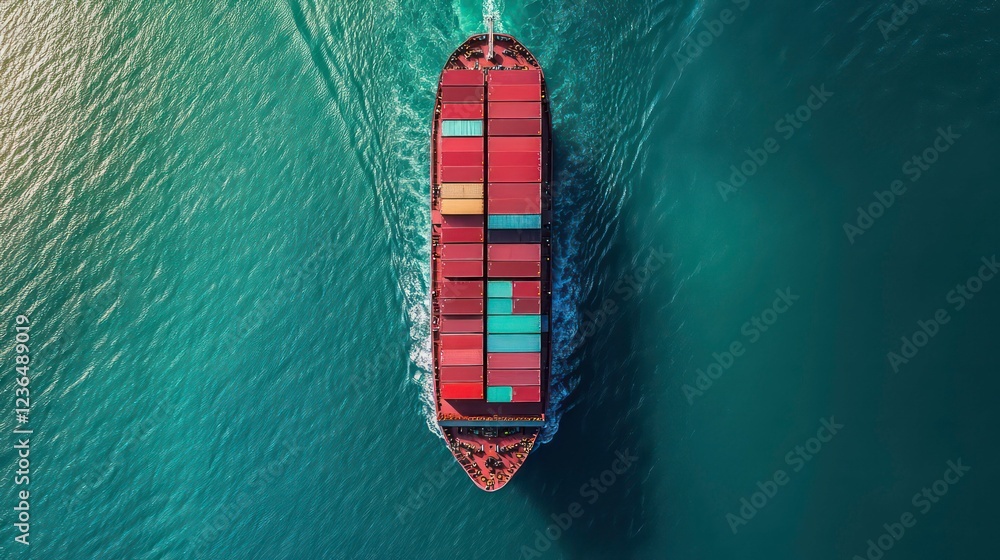 Poster Aerial view of a large container ship sailing on a teal ocean.