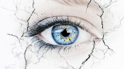   a close up of a woman's blue eye with a cracked wall in the background The eye is the focus of the image, with the wall providing a stark contrast to the vibrant blue of the eye