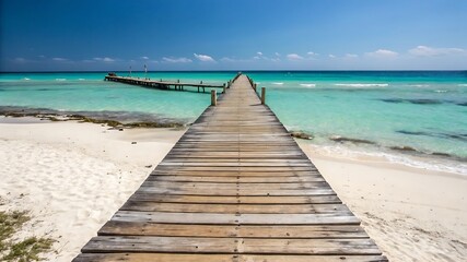 Wooden Pier Extending into Turquoise Ocean – Peaceful Beach Scene with Clear Waters