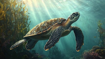 Fototapeta premium Elegant Sea Turtle Swimming Among Vibrant Underwater Landscape